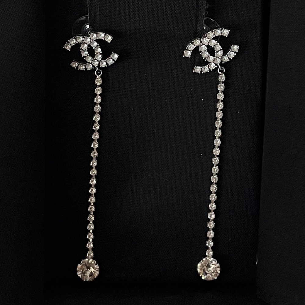 CHANEL Silver Crystal Drop Earrings